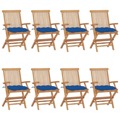 Cadeiras de Jardim C/ Almofadões Azuis 8 pcs Teca Maciça