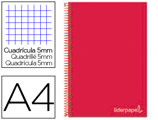 Caderno Espiral A4 Micro Jolly Tapa Forrada 140h 75 gr Cuadro 5mm 5 Bandas 4 Taladros Color Rojo