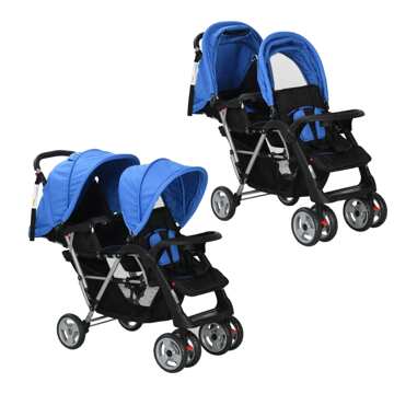 Carrinho de Bebé para Gémeos em Aço Azul e Preto