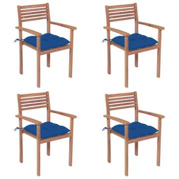 Cadeiras de Jardim C/ Almofadões Azuis 4 pcs Teca Maciça