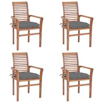Cadeiras de Jantar 4 pcs C/ Almofadões Cinzentos Teca Maciça