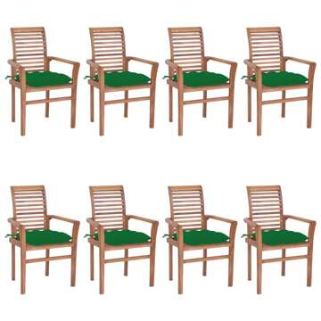 Cadeiras de Jantar 8 pcs C/ Almofadões Verdes Teca Maciça