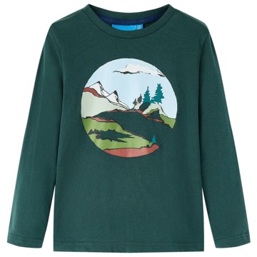 T-shirt Manga Comprida P/ Criança C/ Montanha/árvore Verde-escuro 140